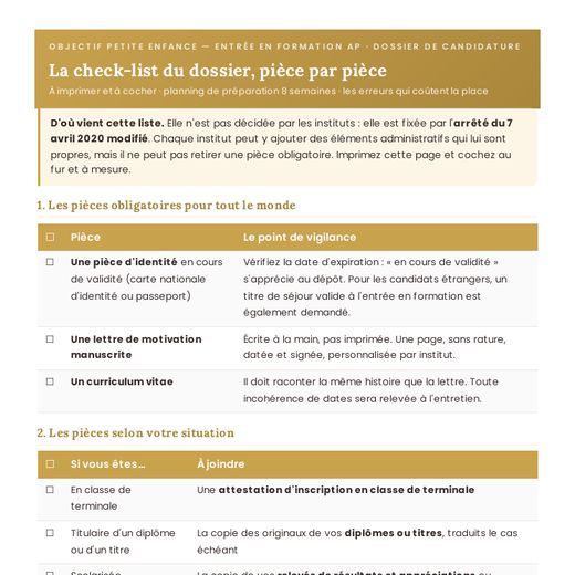Aperçu : La check-list du dossier, pièce par pièce