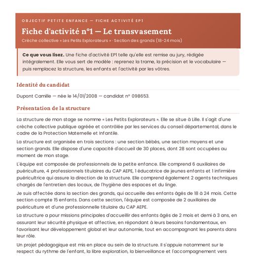 Aperçu : Une fiche d'activité EP1 rédigée en entier