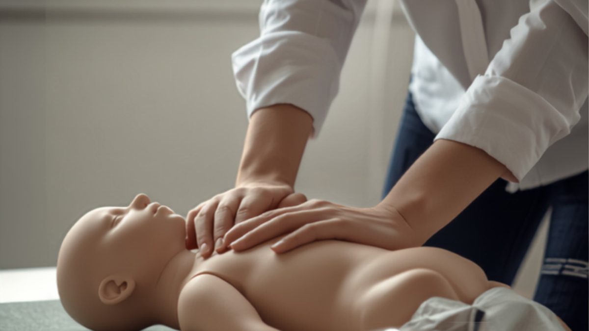 Mains d'une élève auxiliaire de puériculture pratiquant un massage cardiaque sur un mannequin de réanimation nourrisson, avec défibrillateur de formation posé à côté