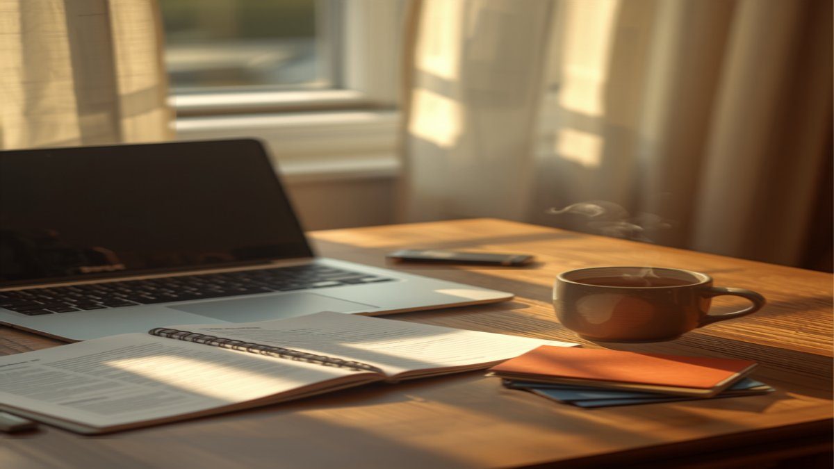 Ordinateur portable, cours imprimés et fiches sur un bureau à la maison pour le CAP AEPE à distance