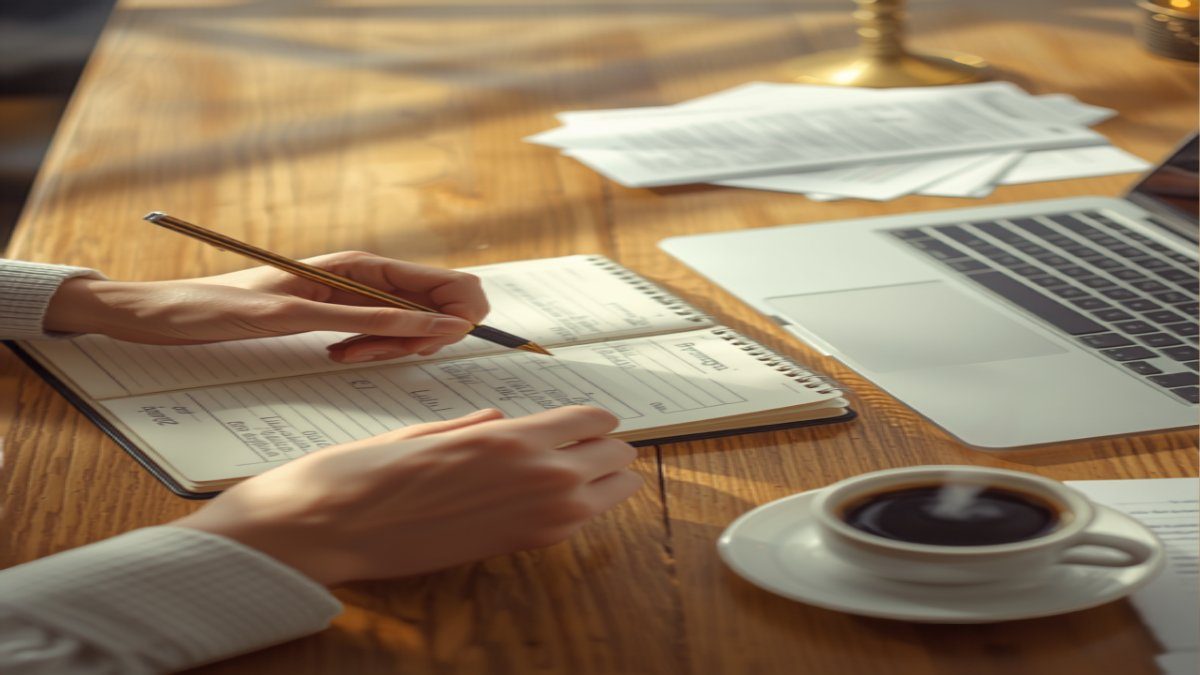 Mains écrivant sur un cahier près d'un ordinateur, planification de carrière petite enfance