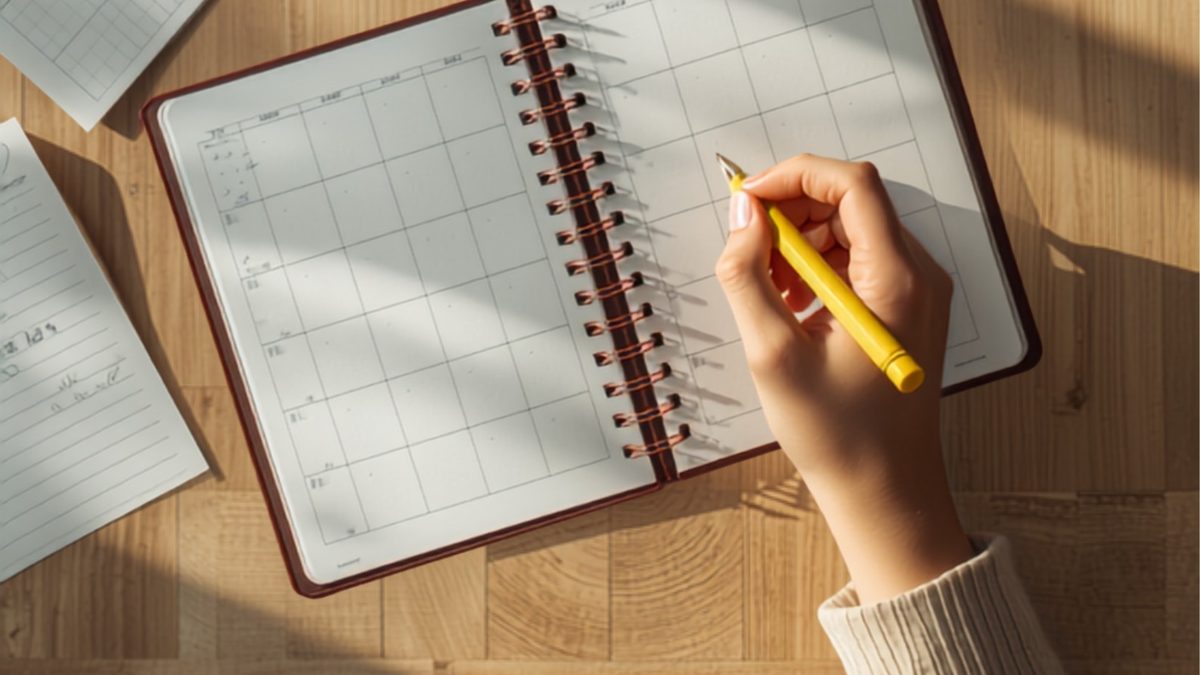 Main d'une élève notant les périodes de cours et de stage sur un planning annuel ouvert, entourée de fiches de révision
