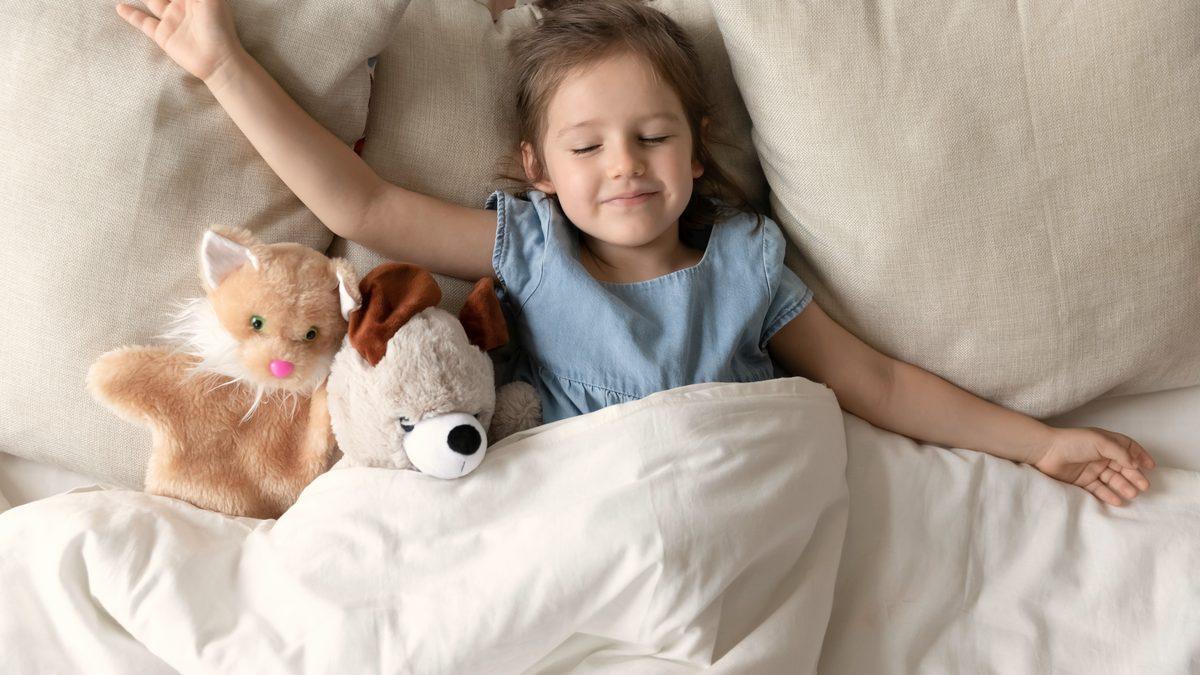 Jeune enfant endormi paisiblement dans son lit avec ses peluches, dans une chambre lumineuse