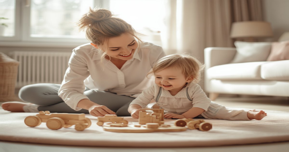 Assistante maternelle jouant avec un jeune enfant à son domicile