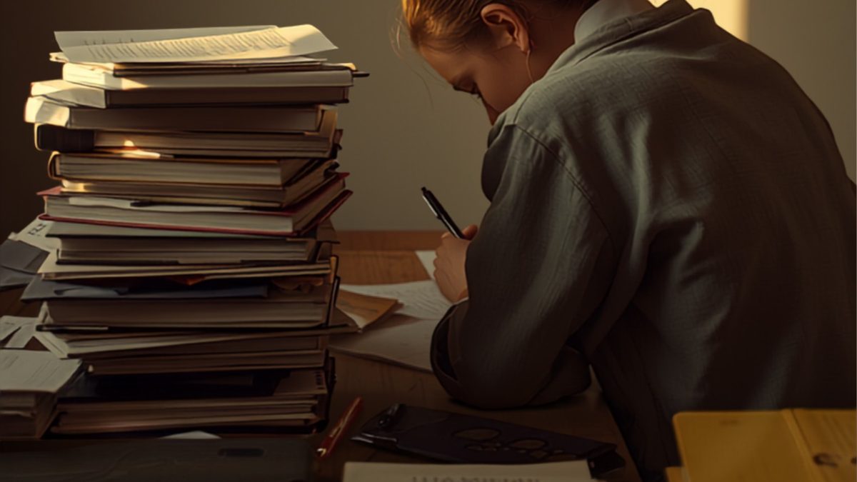 Élève penchée sur ses cours à côté d'une haute pile de livres et de classeurs, en pleine session de révision de la formation d'auxiliaire de puériculture
