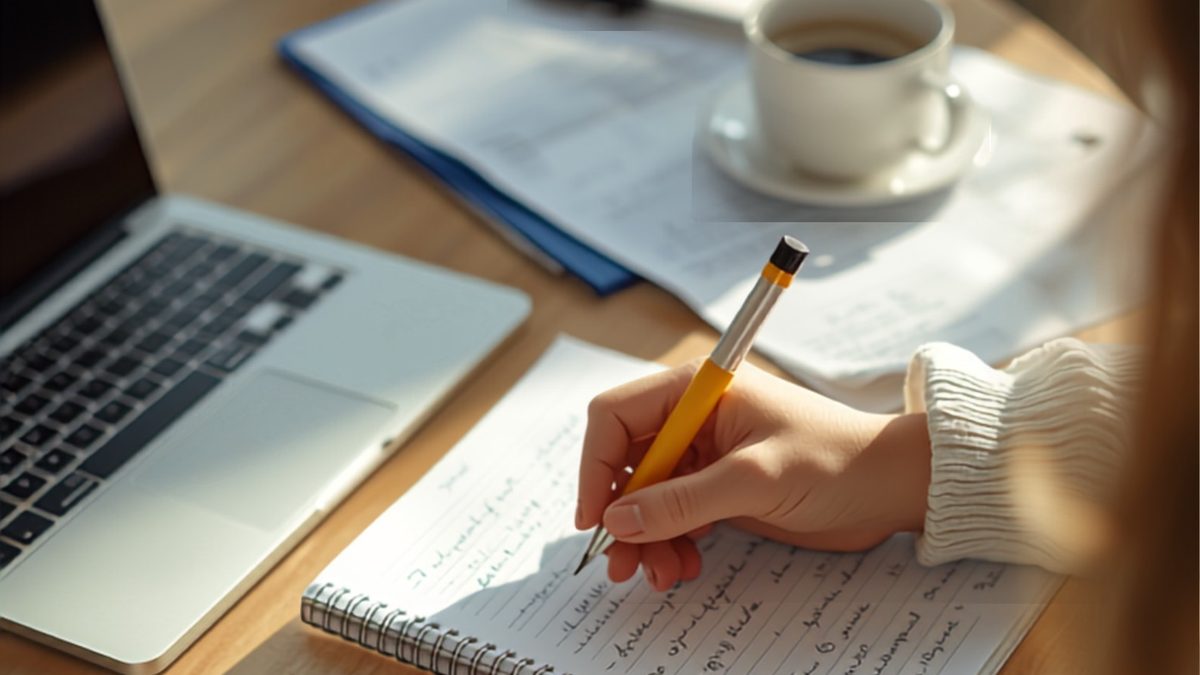 Étudiante auxiliaire de puériculture prenant des notes de révision sur le module 10 à son bureau