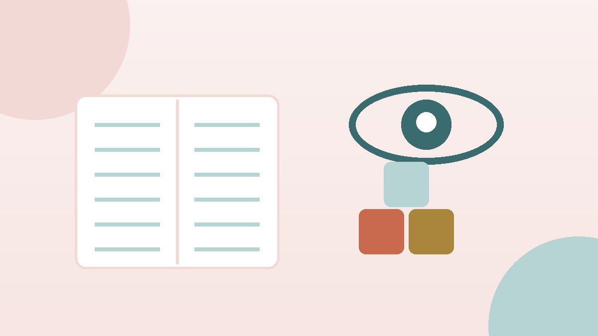 Carnet d'observation ouvert et œil stylisé au-dessus de cubes d'enfant