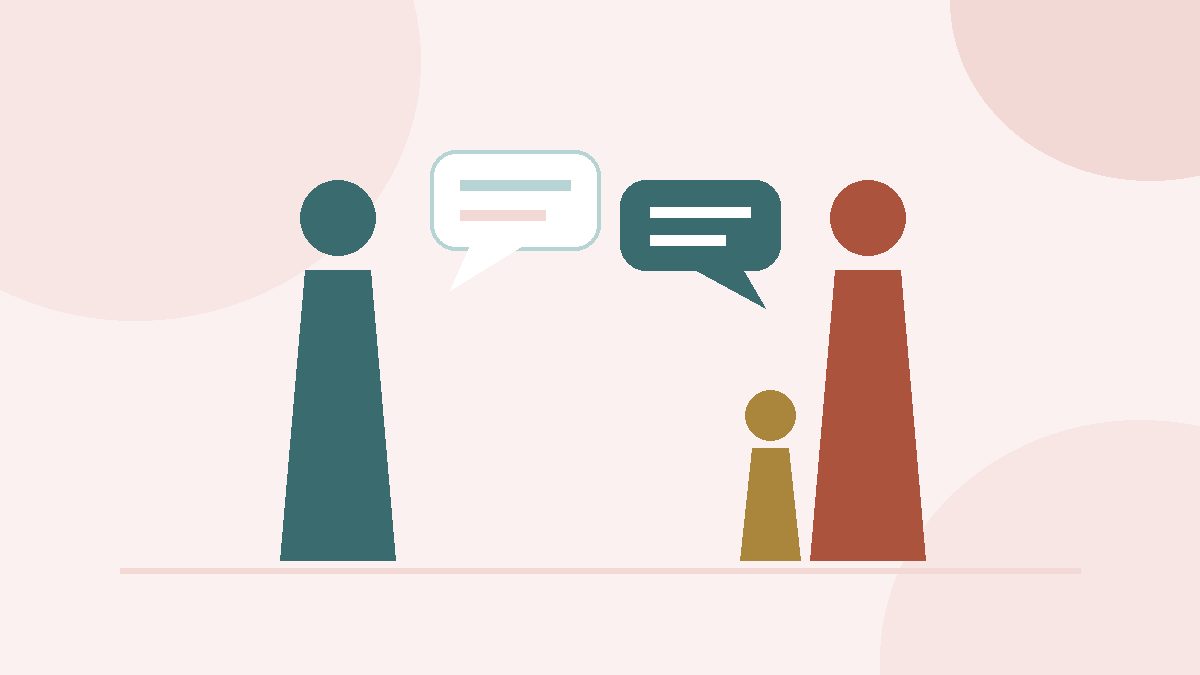 Professionnelle et parent avec bulles de dialogue et enfant, symbole du dialogue avec les familles