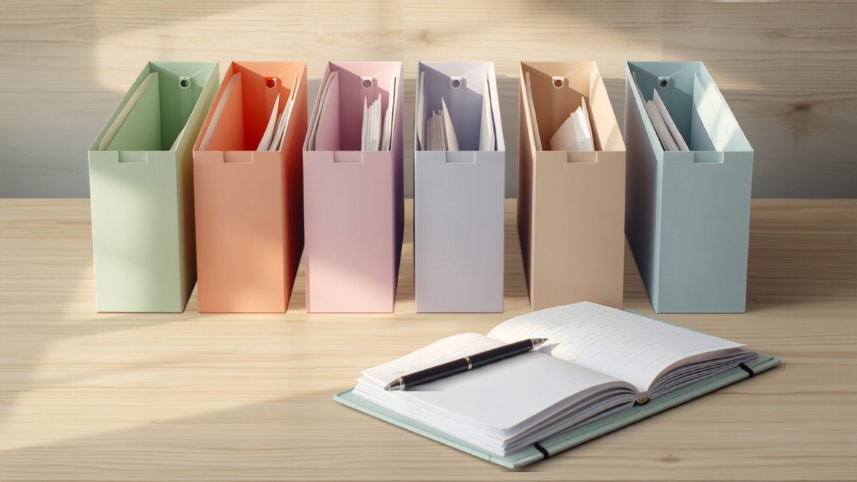 Cinq boîtes de classement pastel alignées sur un bureau avec un carnet ouvert : les cinq blocs de compétences du DEAP