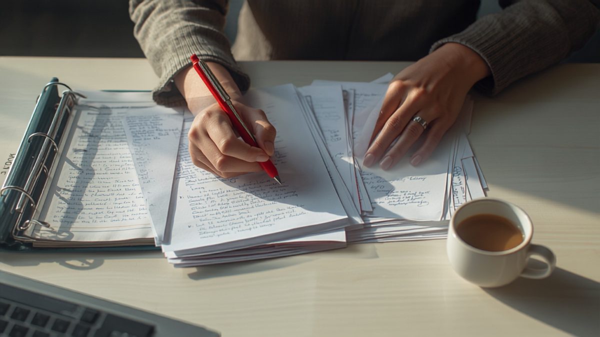 Mains d'une femme relisant et annotant au stylo rouge un dossier papier épais posé sur un bureau clair : la relecture du Livret 2 avant dépôt