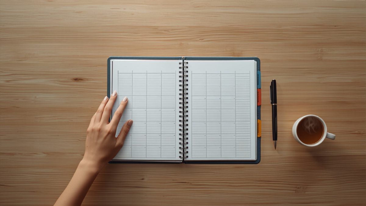 Vue de dessus d'un bureau : agenda ouvert sur plusieurs mois, dossier avec intercalaires et stylo — planifier étape par étape son parcours de VAE