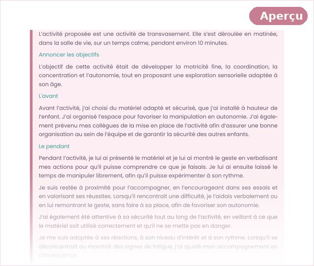 Page du livre Réussir l'oral EP1 du CAP AEPE : exemple d'exposé de fiche d'activité de transvasement, rédigé mot à mot