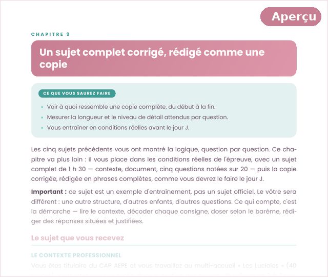 Page du livre Réussir l'EP2 du CAP AEPE : chapitre Un sujet complet corrigé, rédigé comme une copie