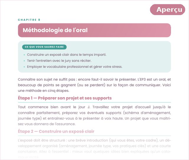 Page du livre Réussir l'EP3 du CAP AEPE : chapitre Méthodologie de l'oral