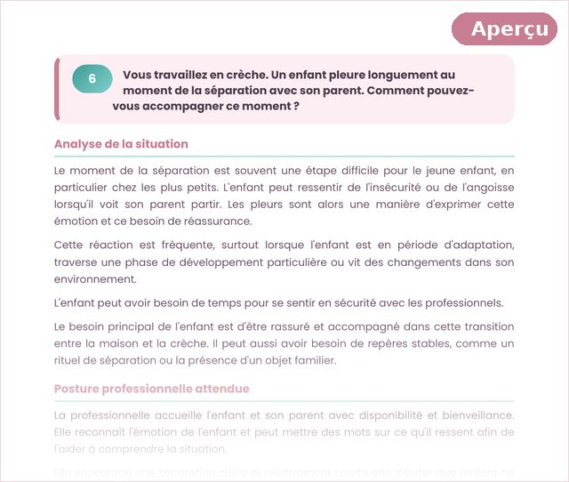 Page des 35 mises en situation professionnelles : un enfant qui pleure à la séparation avec son parent en crèche, analyse de la situation