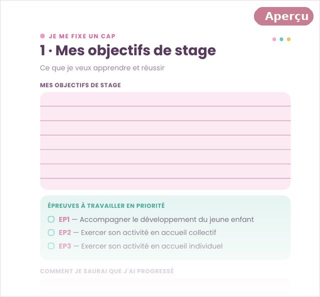 Page du carnet de stage CAP AEPE : mes objectifs de stage et les épreuves à travailler en priorité