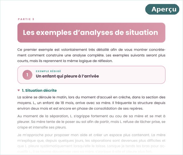 Page du livre Les analyses de situation en stage : exemple rédigé d'un enfant qui pleure à l'arrivée