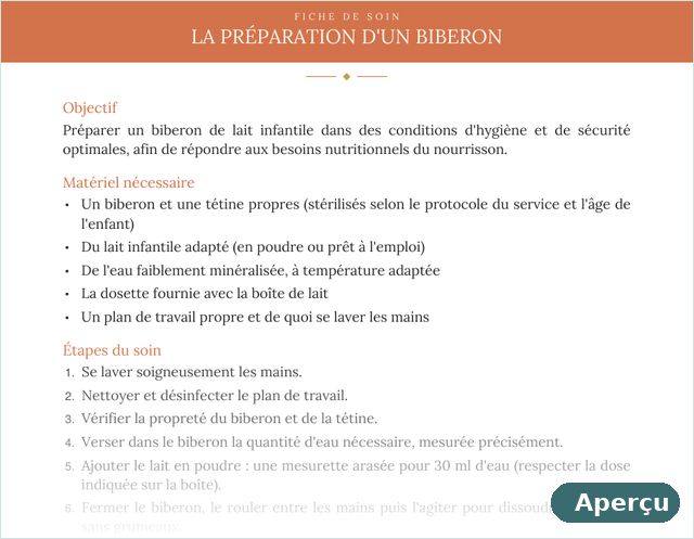 Fiche de soin du pack DEAP : la préparation d'un biberon, objectif, matériel et étapes