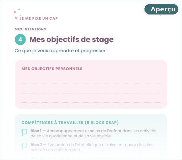 Page du carnet de stage DEAP : mes objectifs de stage et les compétences à travailler sur les 5 blocs